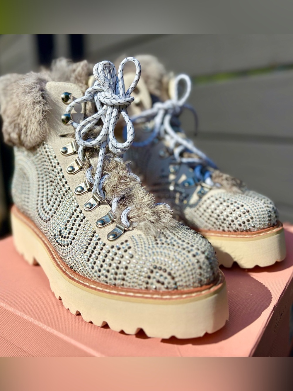Womens Beige Faux Fur Embellished Platform Hiking Boot